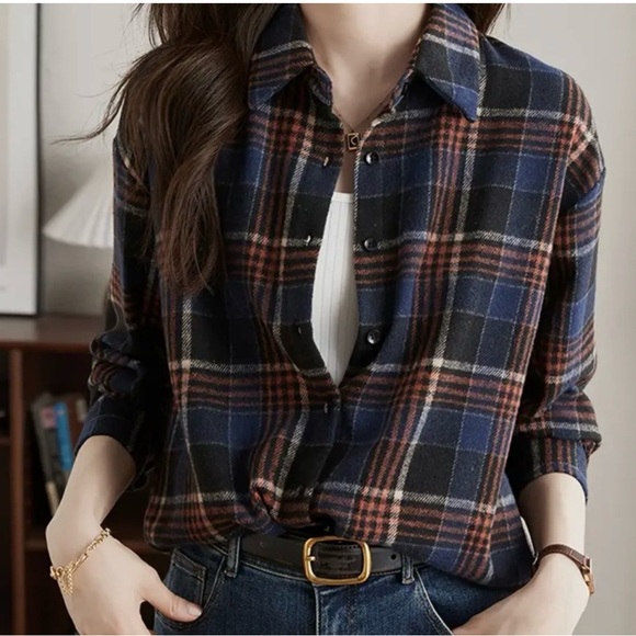 Tops - Dark Academia Blue Plaid Flannel Button Down Top